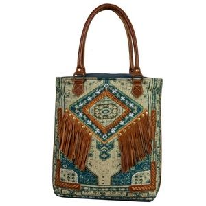 NWT - MYRA  ART ON CANVAS TOTE BAG- Aztec blue Azure  print - Canvas and Leather